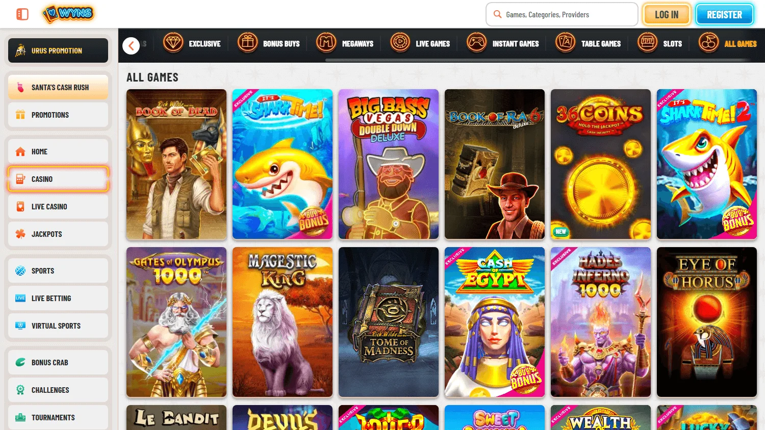 Wyns Casino games interface on desktop