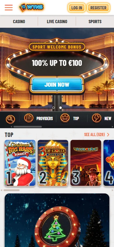 Wyns Casino home interface on a mobile browser