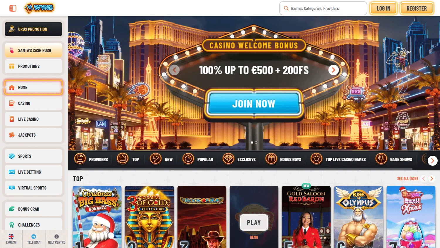 Wyns Casino home interface on desktop