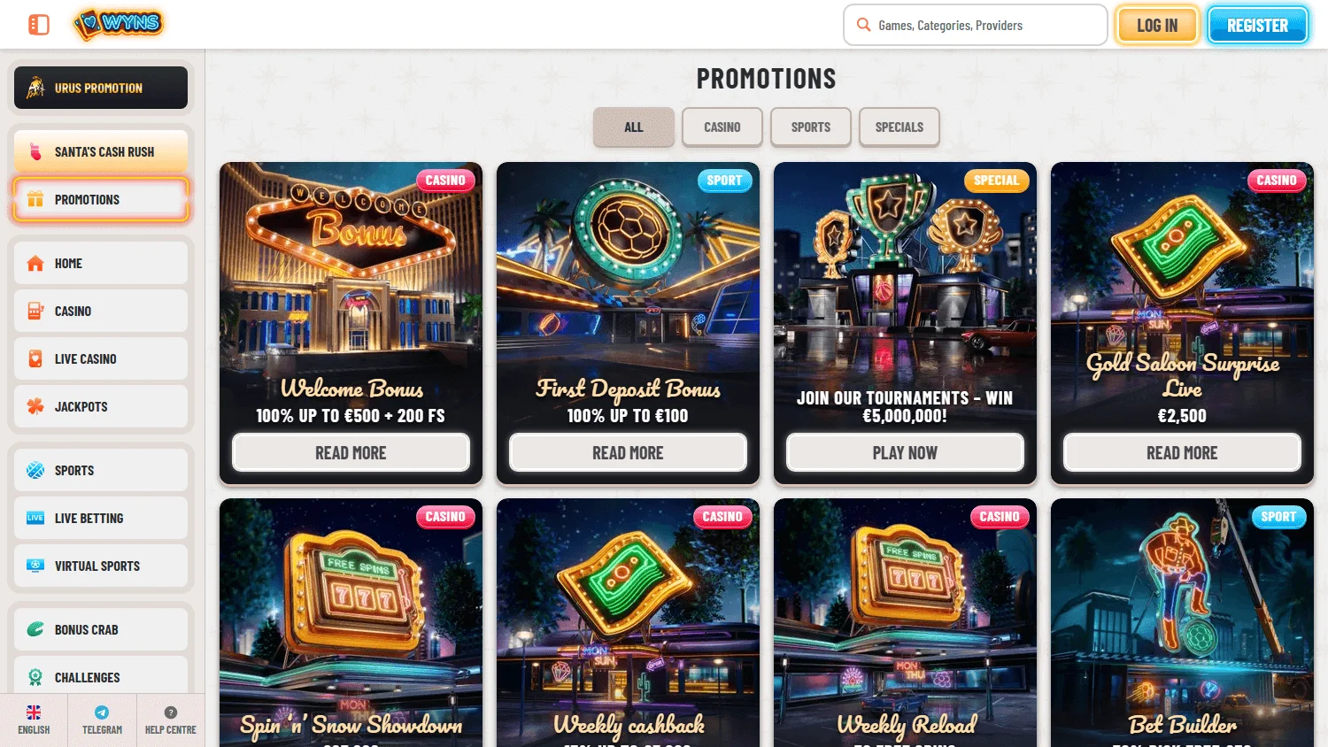 Wyns Casino promotions interface on desktop