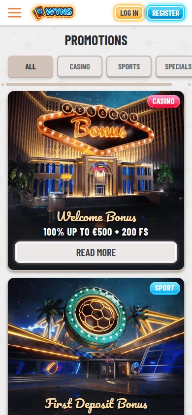 Wyns Casino promotions interface on a mobile browser